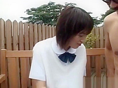 Akane Yoshizawa in uniform gives blowjob