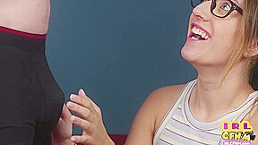 Amateur 21yo CFNM gal with glasses sucks n jerks cock 4 cum