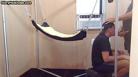 Barebacked bottom DILF fucked in sling after cocksucking