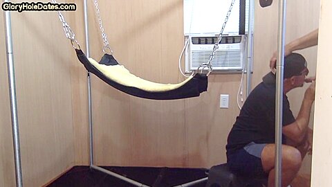 Barebacked bottom DILF fucked in sling after cocksucking
