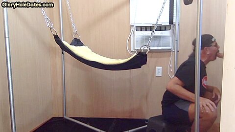 Barebacked bottom DILF fucked in sling after cocksucking