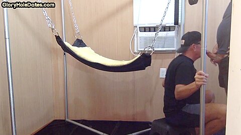 Barebacked bottom DILF fucked in sling after cocksucking