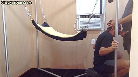Barebacked bottom DILF fucked in sling after cocksucking