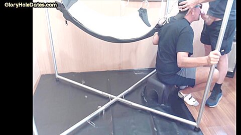 Barebacked bottom DILF fucked in sling after cocksucking