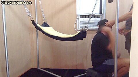 Barebacked bottom DILF fucked in sling after cocksucking