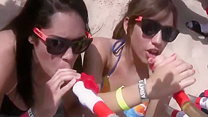 Beautiful naked blonde kiss, twerk, in a beach party