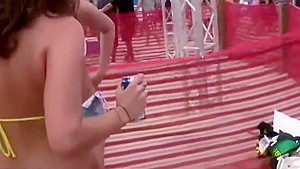 Beautiful naked blonde kiss, twerk, in a beach party