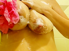 Big tits, long nipples and wet tshirt ripped off in the shower  Soapy boobs