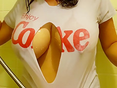Big tits, long nipples and wet tshirt ripped off in the shower  Soapy boobs