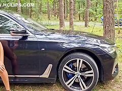 Blonde In High Heels Masturbates With A Dildo Stuck To The Car