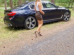 Blonde In High Heels Masturbates With A Dildo Stuck To The Car