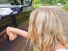 Blonde In High Heels Masturbates With A Dildo Stuck To The Car