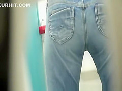 Blonde caught in public portable toilet peeing