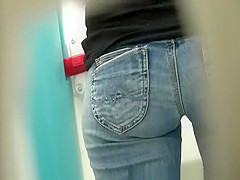 Blonde caught in public portable toilet peeing