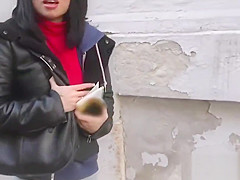 Brunette tourist flashing tits in public