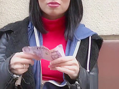Brunette tourist flashing tits in public