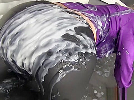 Bukkake whore masturbates