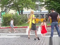 Busty babe walking naked in fountain