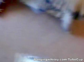 Busty ebony babe sucking white cock