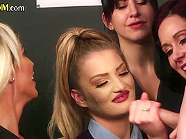 CFNM BJ sluts gives group BJ on college during oral class