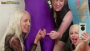 CFNM femdom babes wank cock of spandex dude in group