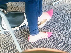 Candid Asian teen 18+ Shoeplay Feet Dangling Pink Flats 1