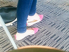 Candid Asian teen 18+ Shoeplay Feet Dangling Pink Flats 1
