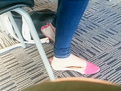 Candid Asian teen 18+ Shoeplay Feet Dangling Pink Flats 1
