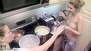 Cindy Hope and Sandy are cooking in the kitchen