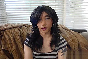 Classy asian ts chick jerks her hard cock