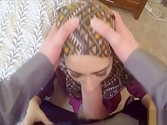 Clothed Arab Woman gets on Her Knees for American Cock