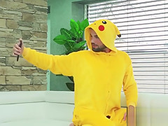 Costumed Jeffrey Lloyd tugging hairy cock and cumshot