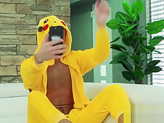 Costumed Jeffrey Lloyd tugging hairy cock and cumshot