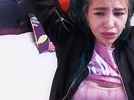 Degenerate college girl whore throats a dildo
