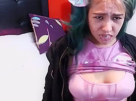 Degenerate college girl whore throats a dildo