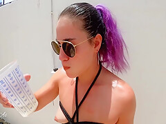 Drinking Pee In My House Garden !!! Outdoor Sun And Pee , April Big Ass - Red Full Video- 6 Min