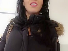 Euro brunette flashes and fucks