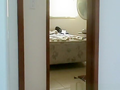 Exhibitionist ebony chick flashes electrician