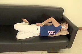 Exquisite Asian babe tied up on a couch