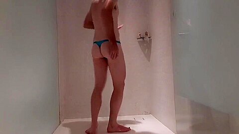 Fit guy showering in sexy panties and cumming through them