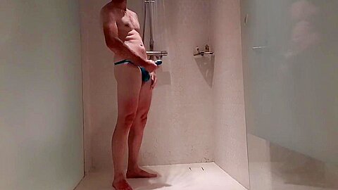 Fit guy showering in sexy panties and cumming through them