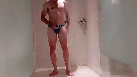 Fit guy showering in sexy panties and cumming through them