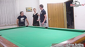 German curvy natural tits girl short hair try first threesome MMF