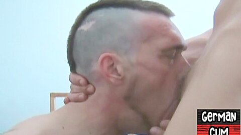 German gay in leather pants assfisted in BJ n fisting 3some