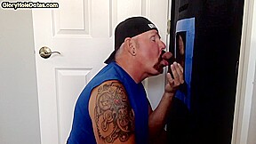 Gloryhole gaydaddy closeup blows and wanks hard cock