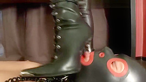 Goddess in sexy leggings dominates pathetic slave tramples