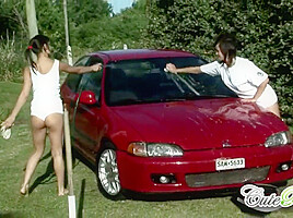 Gorgeous petite lesbians get wet