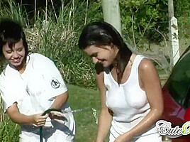 Gorgeous petite lesbians get wet