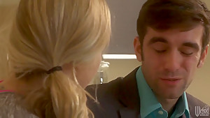 Hot and sexy blonde Bailey Blue with tattoos gives head