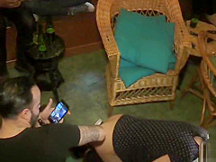 Hot brunette gangbanged in crowded bar